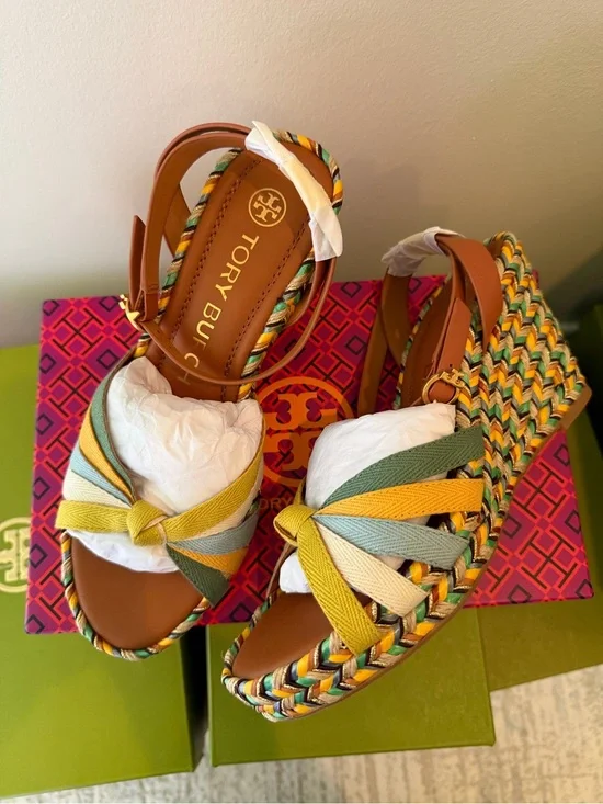 Tory Burch Multicolor Braided Knot Wedge Sandals