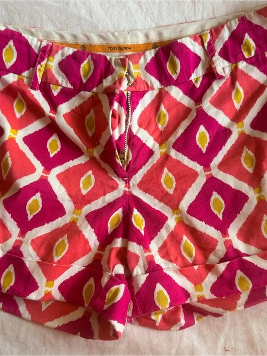 Tory Burch Pink Coral and Yellow Printed Cotton Shorts
