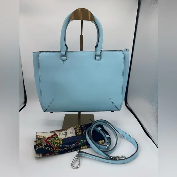 Tory Burch Baby Blue Leather Robinson Tote Two Way Silver Hardware Polo Scarf