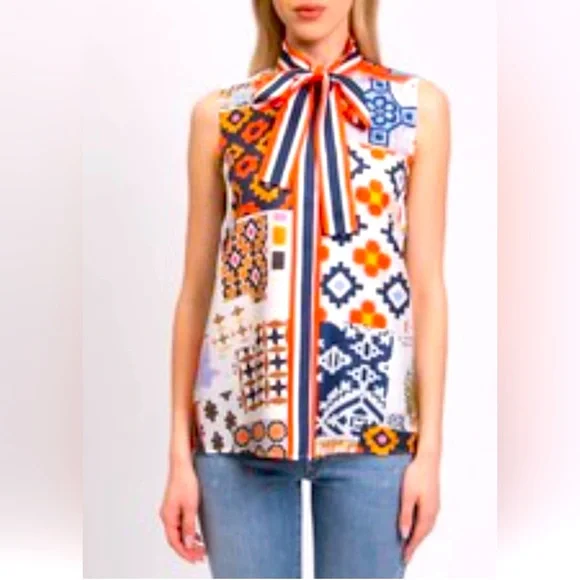 Tory Burch silk Sleeveless patchwork front tie pussybow blouse size 8