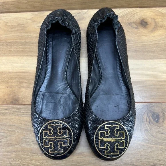 Tory Burch Reva Flats Black Womens 9 M Black Snake Embossed Gold Logo Office