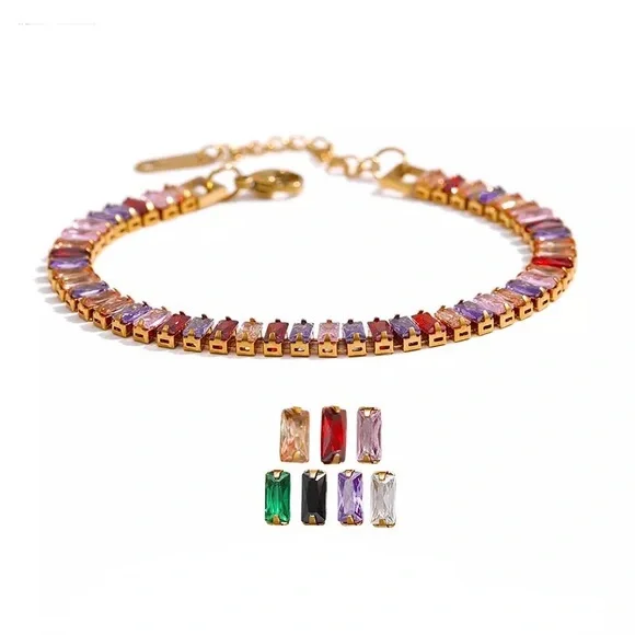 Zara Rainbow Emerald Cut Rectangle Multi-Color Baroque Crystals Bead Bracelet