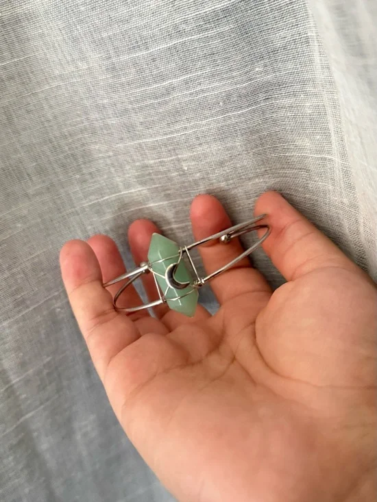 Silver Crescent Moon Aventurine Stone Cuff Bracelet - Green