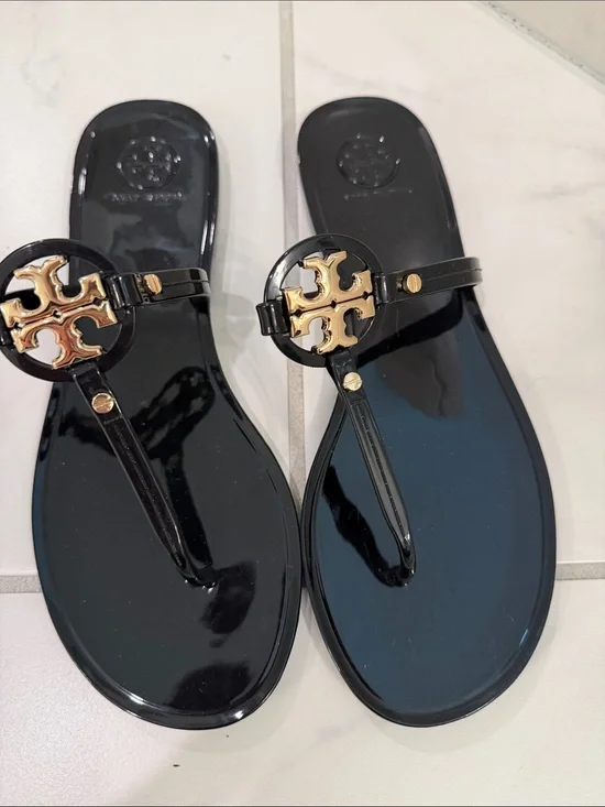 Tory Burch Black Jelly Logo Thong Sandals with Gold Emblem