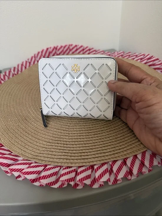 Tory Burch White Perforated Patent Zip Wallet with Gold Logo