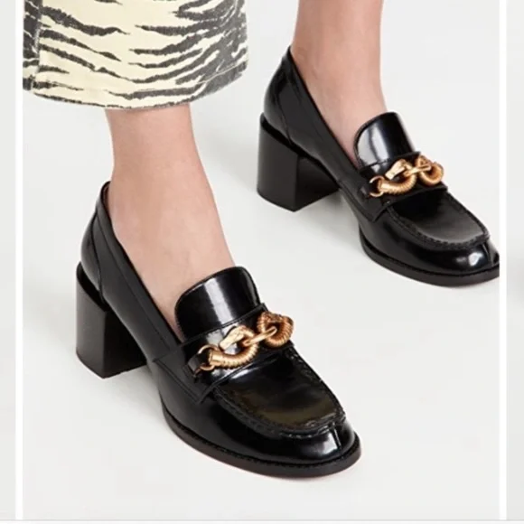 Tory Burch Jessa black patent chunky heels gold equestrian chain horse accent 9M