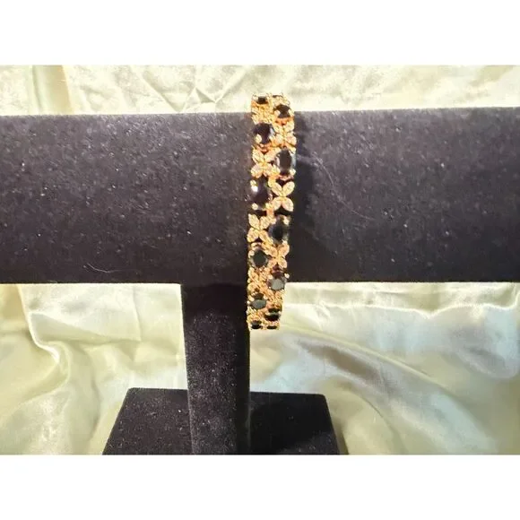 Gold Tone Black Onyx Look Floral Tennis Bracelet 7.5