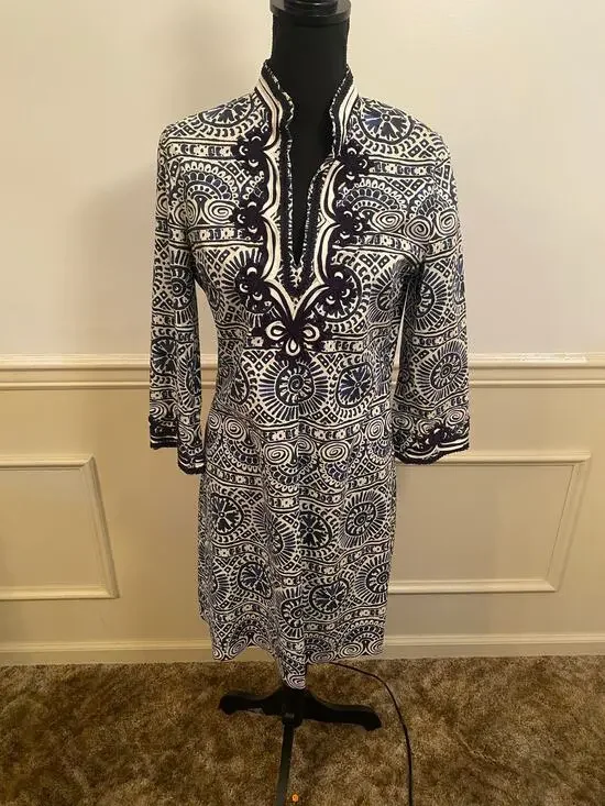 Tory Burch Tunic Shift Dress Mosaic Navy Blue White Tile Work Design Coastal