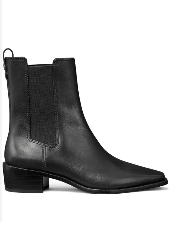 New Tory Burch Medallion Chelsea Black Leather Pointed Toe Boots Booties 9.5