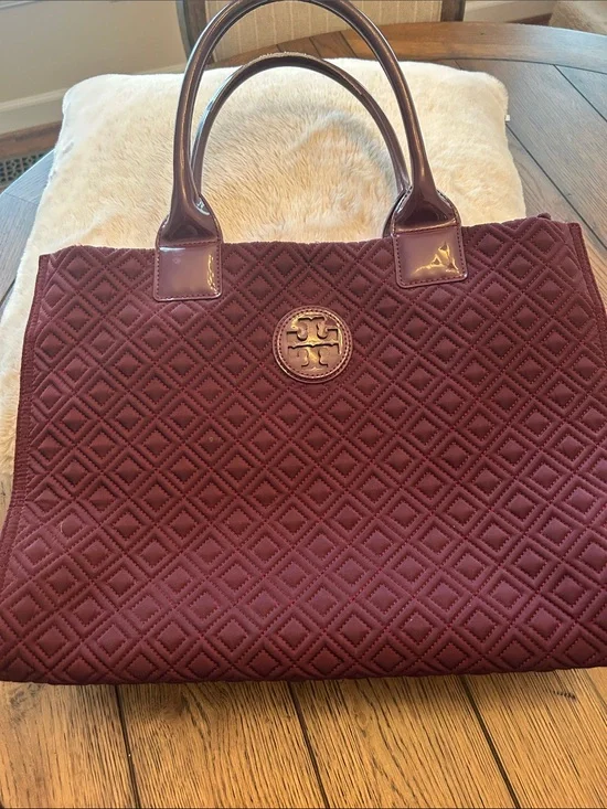 Tory Burch Marion Quilted Tote in Wine with Patent Handles like new