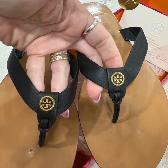 Tory Burch Black Leather Thong Sandals with Gold Logo