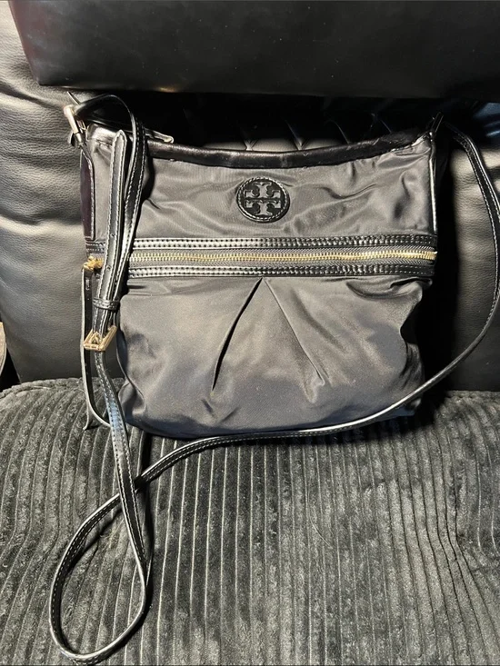 Tory Burch Black Nylon Crossbody with Logo Zip Detail