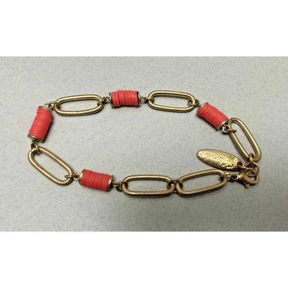 Plunder Design Matte Gold Tone Link Chain Bracelet Coral Pink Disc Beads Jewelry