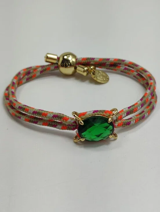 Juicy Couture Retro Adjustable Cord Bracelet Green Faceted Stone Gold Tone Crown