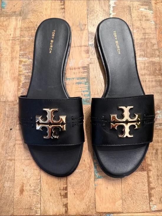 Tory Burch Everly Slides Black Leather Logo Sandals - Gold Emblem NEW