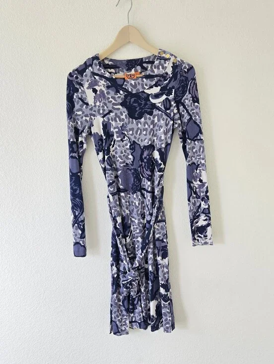 Tory Burch Silk Jersey Belted Midi Dress Small Logo Buttons Floral Leopard Print