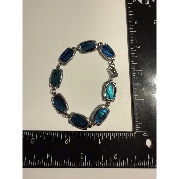 Abalone Shell Inlay Rectangular Link Bracelet Silver Tone Blue Green Iridescent