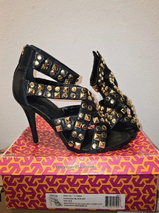 Tory Burch Black Leather Studded High Heel Sandals with Gold Accents