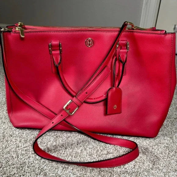 Tory Burch Robinson Red Large Double Zip Tote Dog Strap Purse‎
