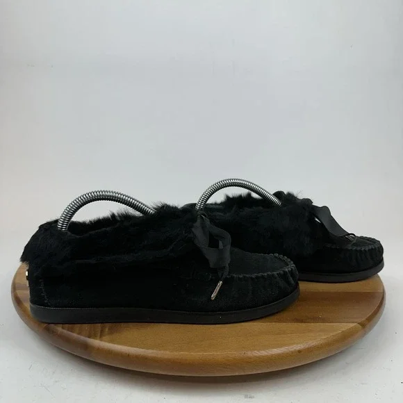 Womens Tory Burch Aberdeen‎ Black Suede Fur Ribbon Tie Moccasins Shoes Size 8 M