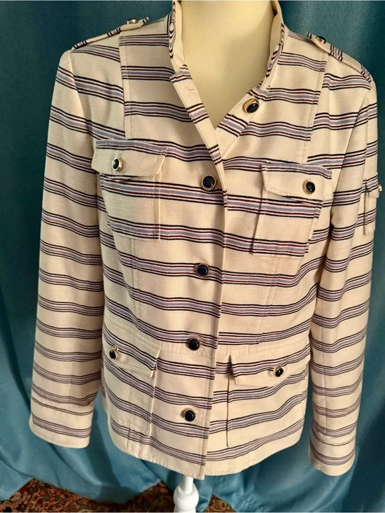 Tory Burch Cream Striped Button-Front Utility Jacket