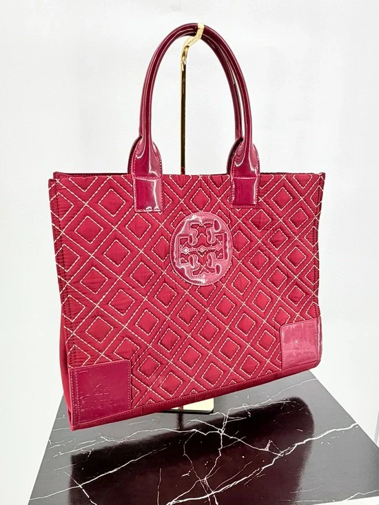 Tory Burch Ella Quilted Tote Burgundy Patent Trim Large Nylon Handbag