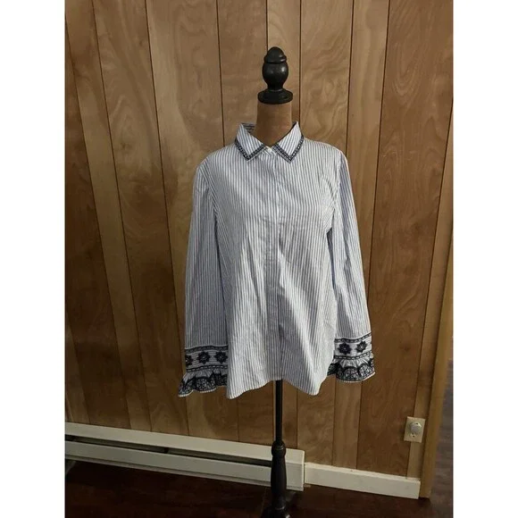 Tory Burch Blue White Pinstripe Cotton Paige‎ Top Bell Sleeves Size 12 NWT