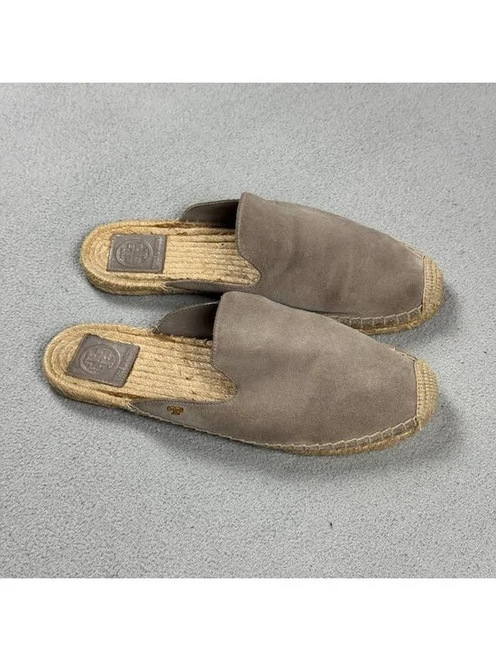 Tory Burch Suede Espadrille Mules Womens Size 8.5 M Taupe Slides Flat Slipper