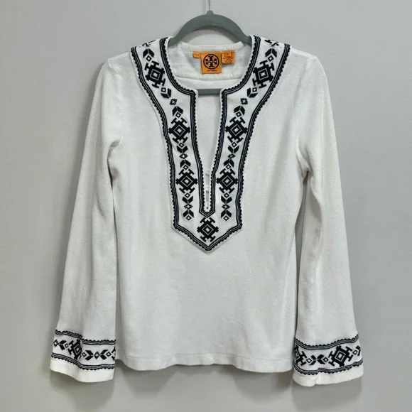 Tory Burch White Navy Embroidered Terry Cloth Tunic Top M