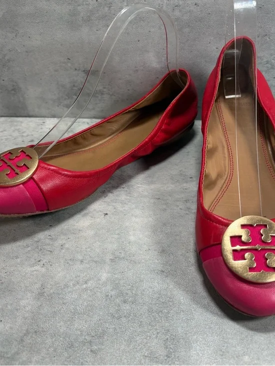 Tory Burch Leather Minnie‎ Cap Toe Flats Red Pink Gold Logo Womens Size 9.5 M