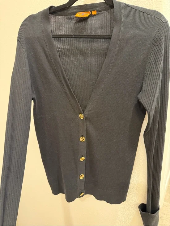 Tory Burch Black Ribbed V‑Neck Button Cardigan