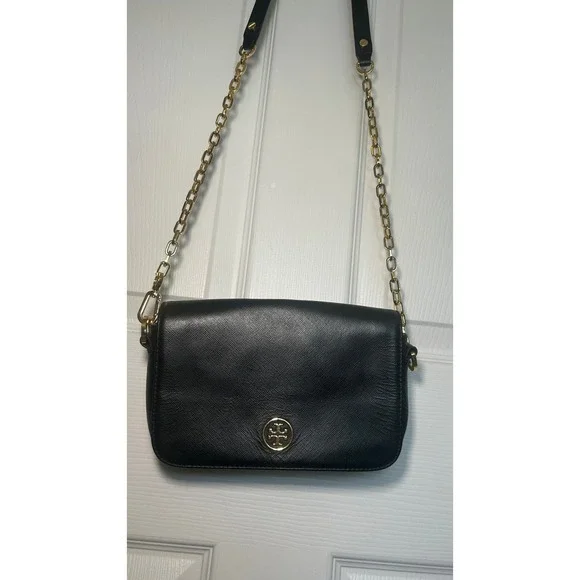Tory Burch Robinson Black Saffiano Leather Chain Flap Crossbody Shoulder Bag‎