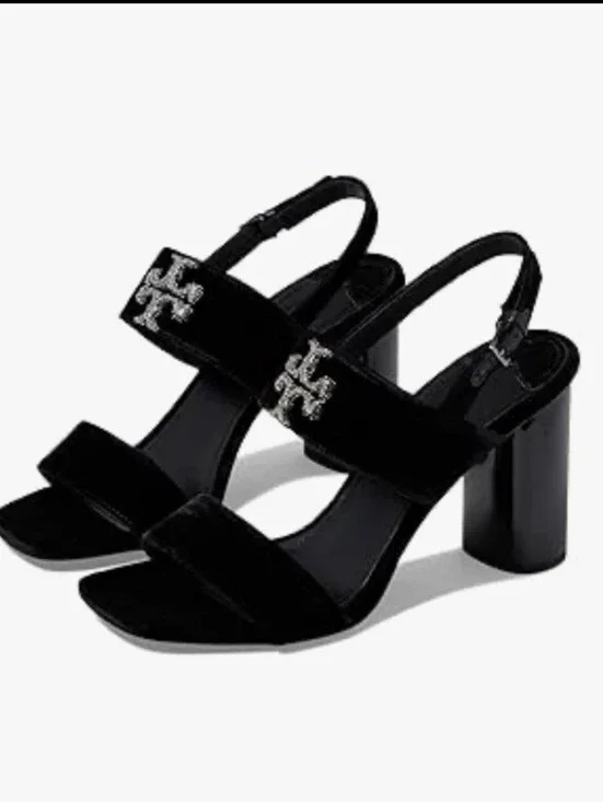 Tory Burch Eleanor Pave Heel Sandal in Black Velvet Leather Rt-428$ Sz-8.5