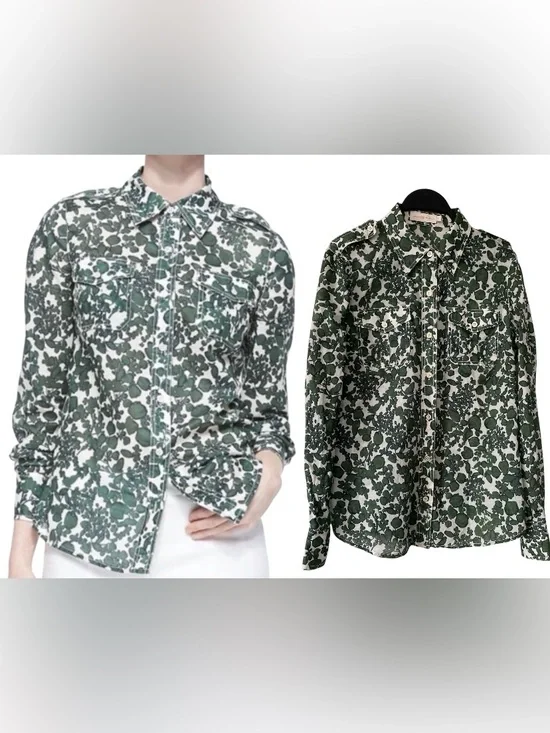 Tory Burch Womens Green White Vine Pattern Brigitte Button Up cotton top Size 6