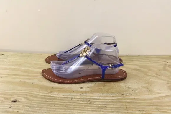 Tory Burch Sandals 9.5M Blue Leather Melinda Gold Logo Thong Buckle Shoes Flats