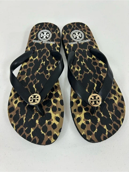 Tory Burch Black Wildlife Print Flip Flops