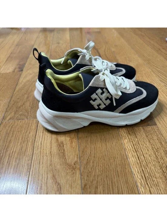 Size 7 Women’s NIB Tory Burch Good Luck Trainer  Black/ Cream/ Suede Shoes
