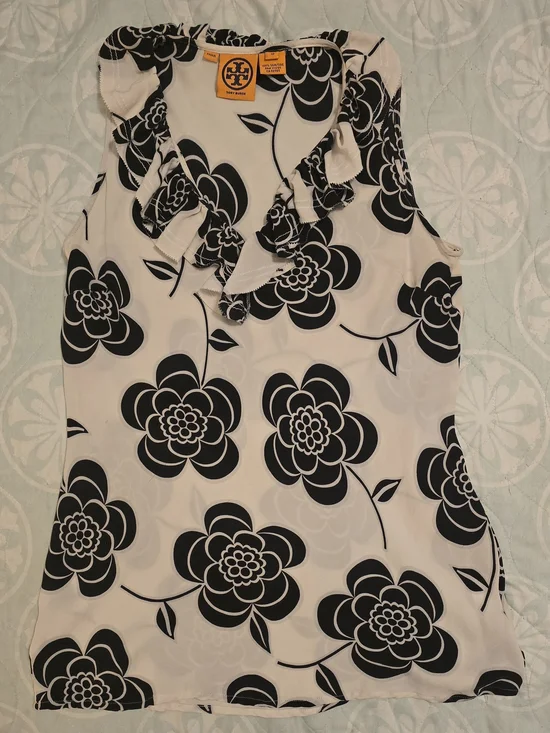 Tory Burch 100% Silk Black & White Floral Ruffle Sleeveless Top, Women's 10