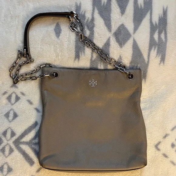 TORY BURCH Swingback Leather Shoulder Crossbody Bag French Grey/Tan