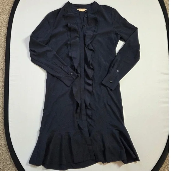 Tory Burch Navy Blue Ruffle Front Drop Waist Shirt Dress Size 2 Logo Buttons
