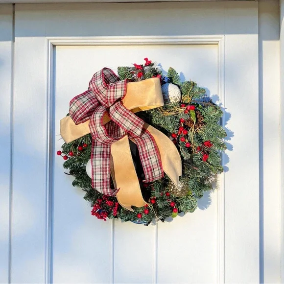 Festive Christmas Pine Holiday Wreath with Gold and‎ Red Accents, 23 inches wide