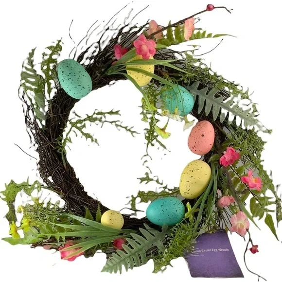 Spring Easter Egg Wreath 22” GrapeVine Stippled Pastel Eggs and Spring Flowers