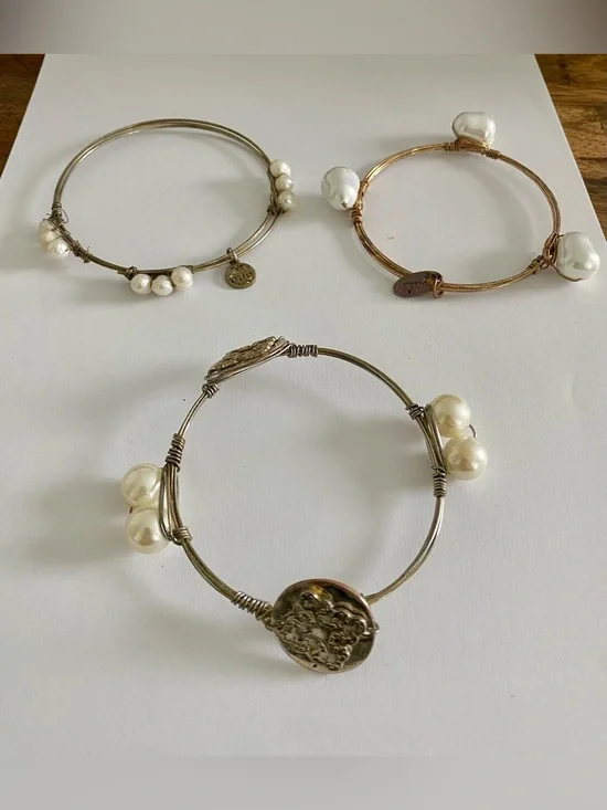 Pearl Accent Wire Bangle Bracelet - Silver and Gold Tones