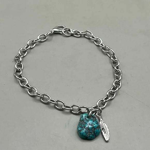 Silver Chain Bracelet with Turquoise Nugget Charm - Boho Jewelry Gift