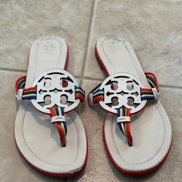 Tory Burch White Leather Sandals with Rainbow Straps