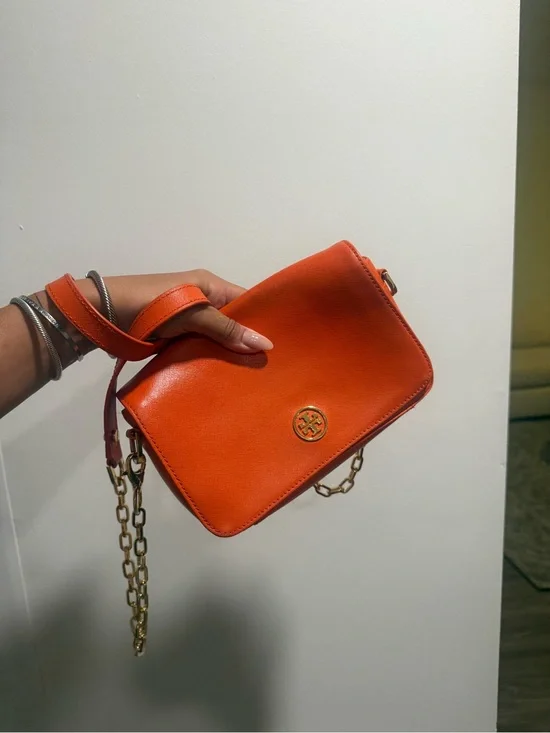 Tory Burch Orange Leather Chain-Trim Crossbody