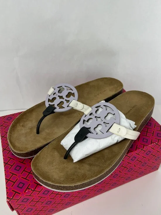 Tory Burch Lavender Logo Thong Sandals with Cream Straps Miller Cloud Leather
