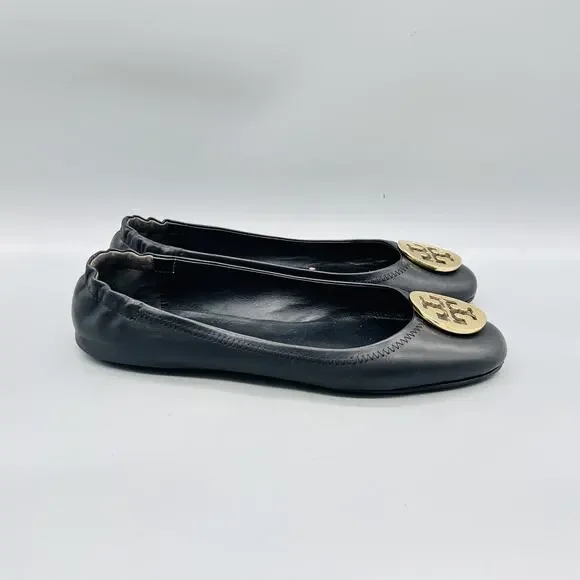 Tory Burch Shoes Womens 11 Black Leather Logo Ballet Flats Slip On Reva