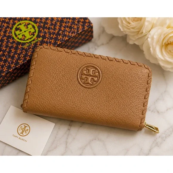 Tory Burch Marion Zip Continental Wallet Tan Pebbled Leather Whipstitch Logo