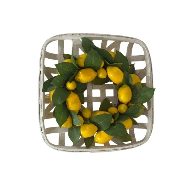 Lemon Wreath‎ in White Tobacco Basket Farmhouse Wall Decor 18x18 Yellow Citrus